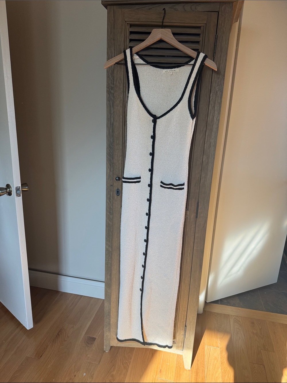 Cream Knit Button-Front Maxi Dress with Black Trim